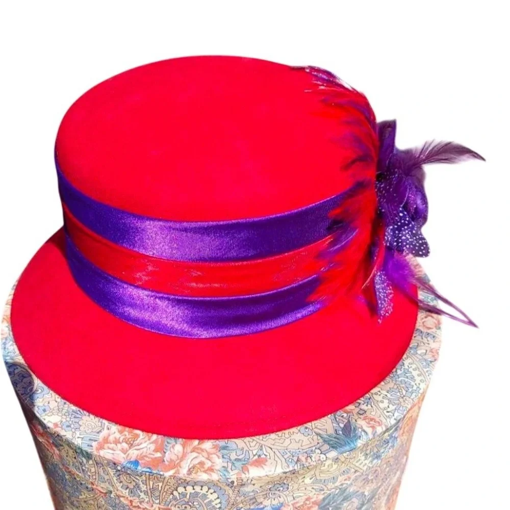 Something Special Red Wool Cloche Hat Purple Feather Flower Red Hat Society